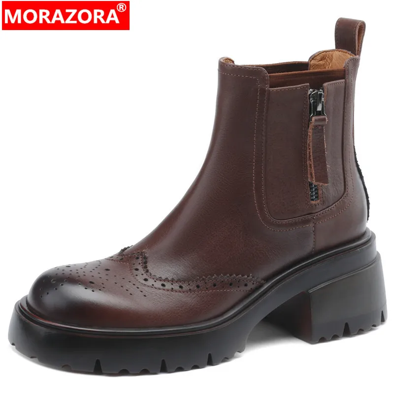 

MORAZORA 2024 New Genuine Leather Zipper Winter Women Boots Female Round Toe Platform Ankle Boots Retro Square High Heels Boots