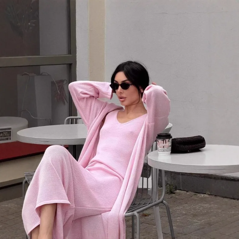 

2025 хлопковый вязаный свитер, полый жилет, пуловер, длинная юбка, кардиган с длинными рукавами, розовый, мягкий и удобный вязаный накидка