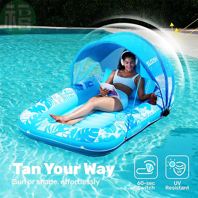 Outdoor inflatable floating bed with awning pool lounge chair adult water floating row sun protection  portable folding view 2