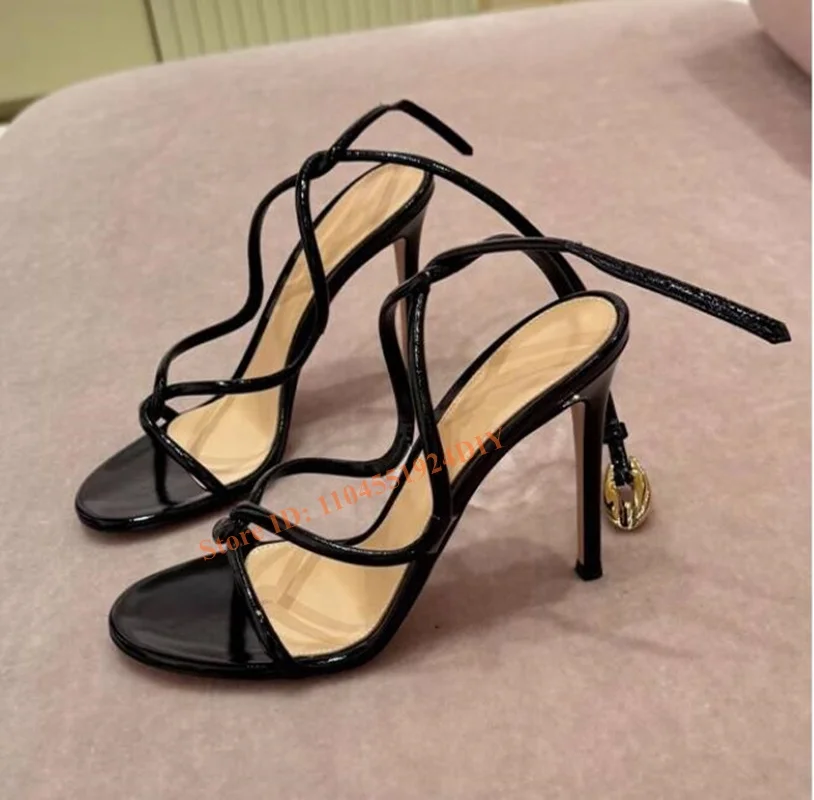 

Summer Snake Twine Around Cross Strap Women Sandals Thin High Heels with Gold Metal Head Gladiator Sandals Party Prom Shoes
