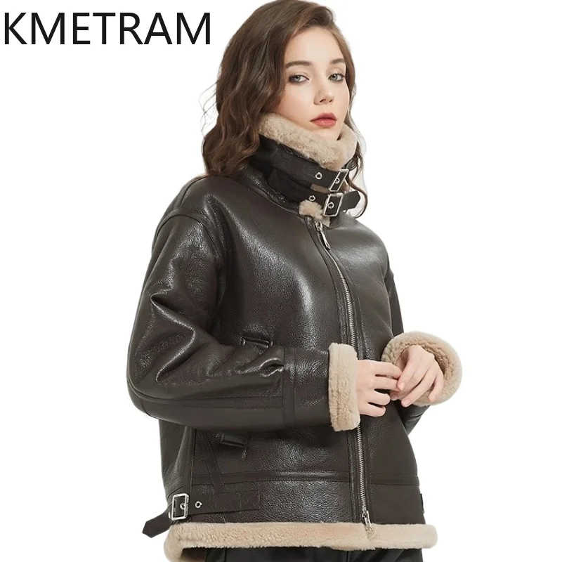 

KMETRAM Natural Merino Sheepskin Wool Fur Coat Woman Brown Real Fur Biker Jacket Fall Fashion Short Clothing 2025 vestes femmes