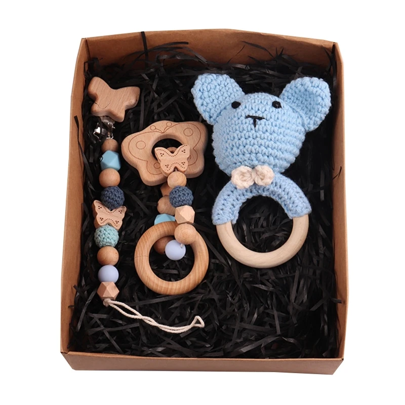 3pcs/set Baby Rattle Wooden Crochet Bear Bells Music Teething Bracelet Pacifier Clips Gym for Play Baby Products