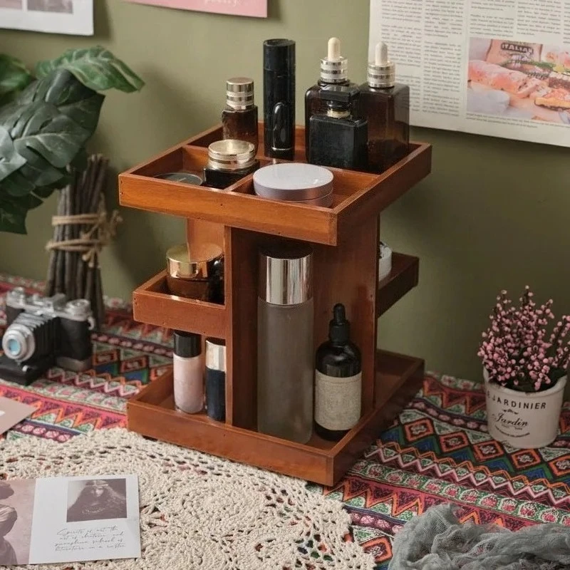 360-Degree Rotating Wooden Cosmetic Storage Box Desk Dressing Table Skincare Lipstick Organizer Layered Countertop Display Stand