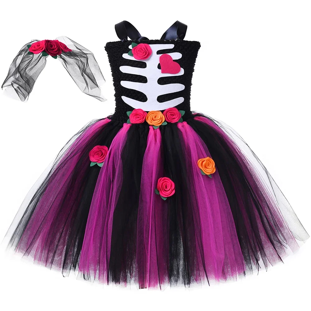 Girls Emily Corpse Bride Skeleton Costume Kids Skull Skeleton Rose Flowers Tutu Dress Toddler Girl Halloween Carnival Costumes