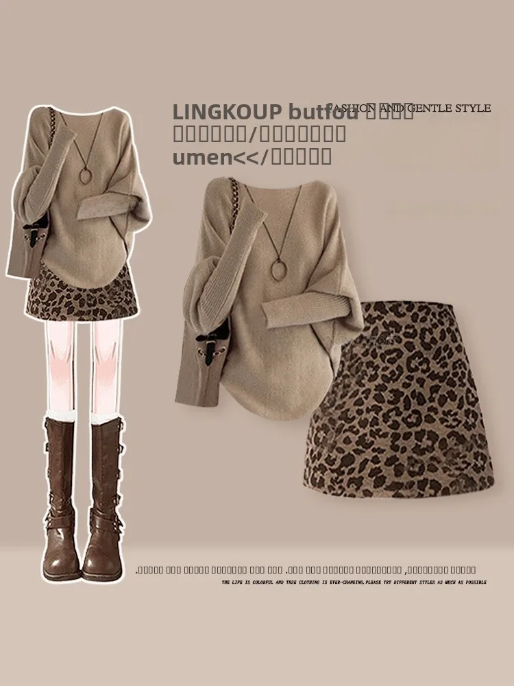 

Retro Knitted Leopard Print Two-Piece Set plus Size Autumn Winter Slimming High Waist Skirt V-Neck Long Sleeve Top for Women