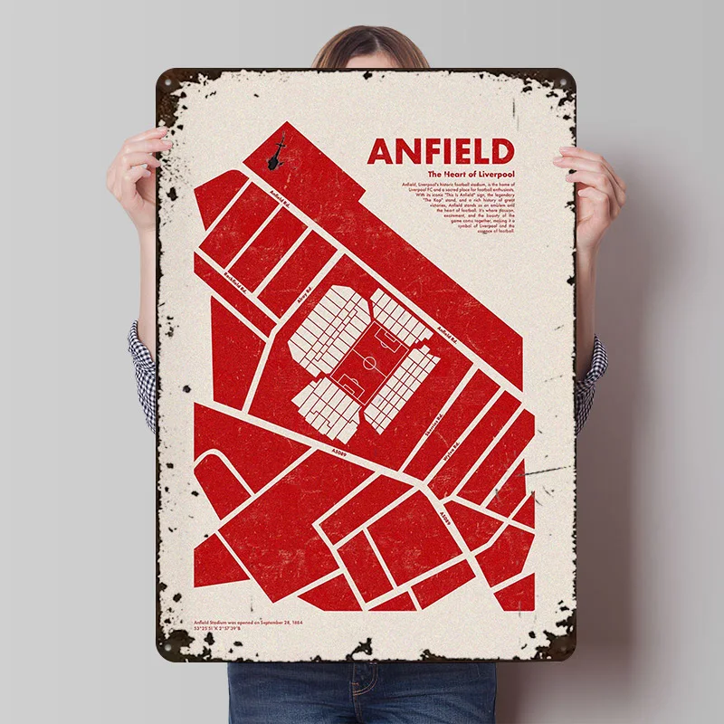 Affiche artistique du plan du stade Anfield, plaques métalliques vintage personnalisées, art mural, plaque en étain rétro pour la décoration, articles de décoration intérieure, maison