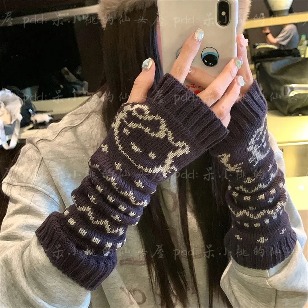 Miniso Hello Kitty Fingerless Gloves Anime Autumn Winter Knitted Warm Gloves Jacquard Outdoor Cycling Warm Half Finger Gloves