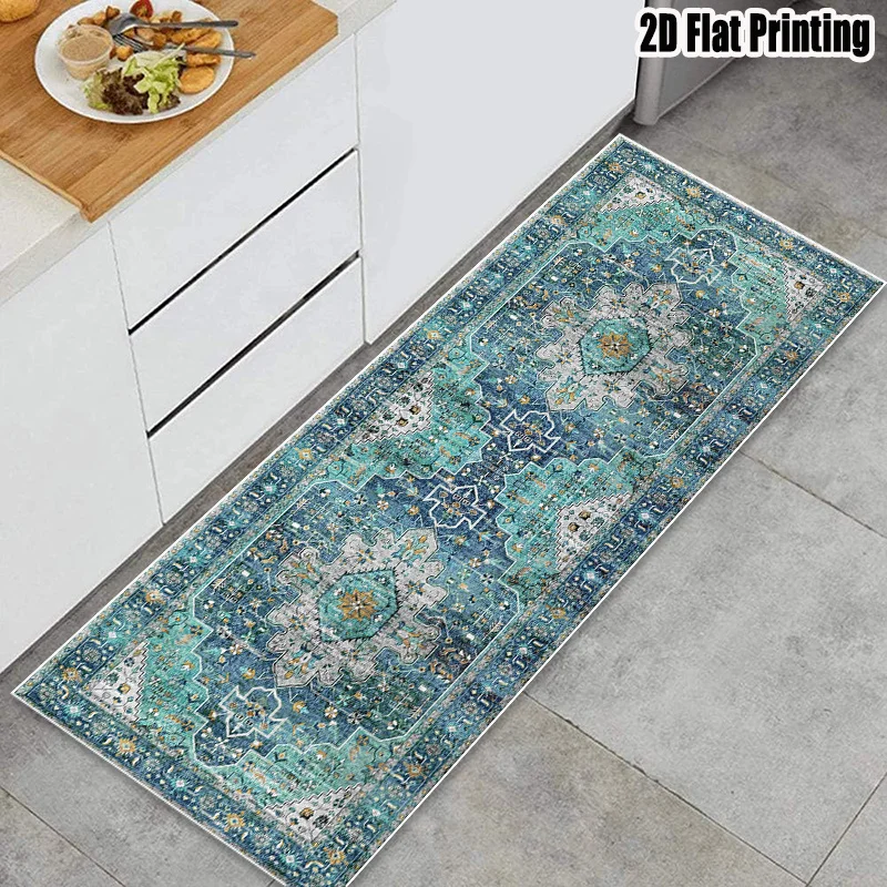 Blue Green Distressed Floral Vintage Art Runner Rug for Kitchen Durable Boho Print Carpet Floor Mat Accent
