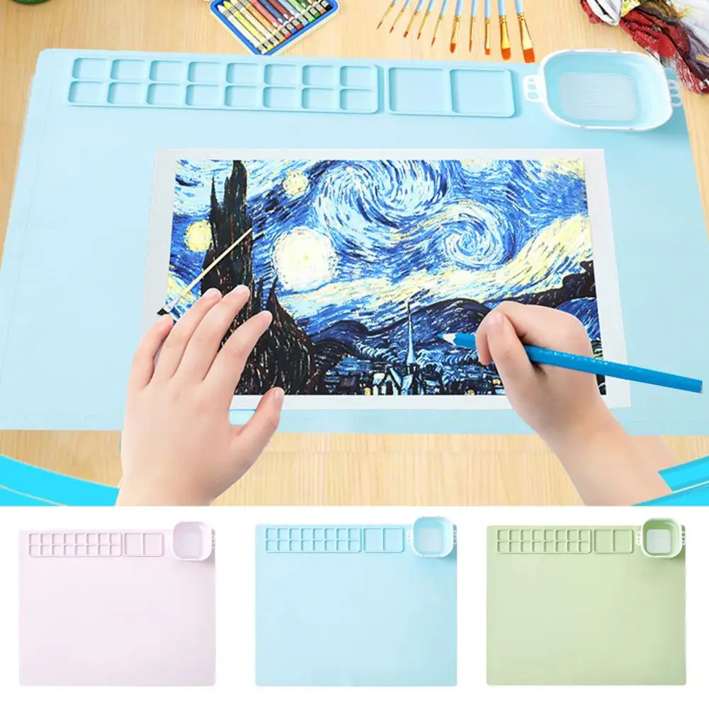 Juego de suministros de arte para niños, tapete de pintura de silicona con taza, delantal, Kit de manga de pincel para niños, creatividad lavable para pintar