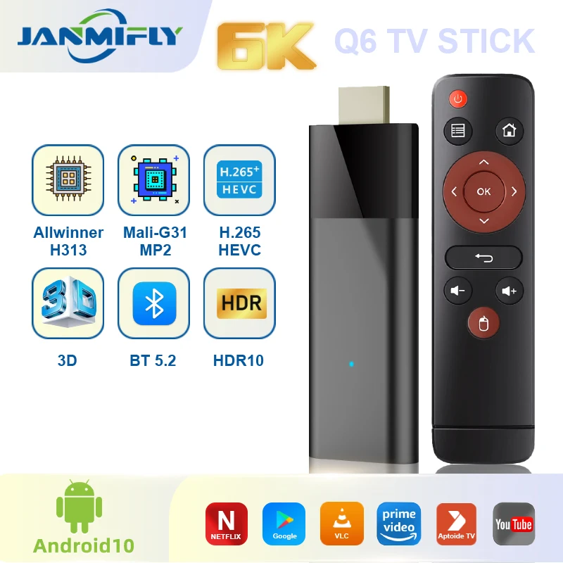 Q6 TV Stick Android 10 Smart TV Sticks para reproductor multimedia de red Control IR HD 6K WiFi de doble banda 2,4/5G Bluetooth 5,2