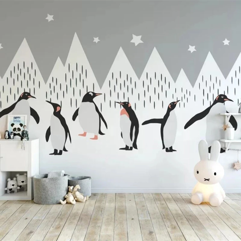 Customized 3D Cartoon Mural Snow Mountain Penguin Animal Wallpaper Children's room Living room TV background bedroom restaurant