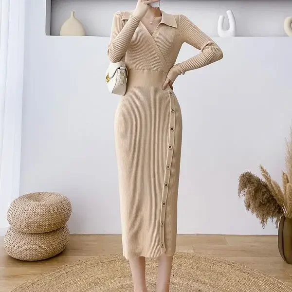 

Knitted Dress V Neck Turn Down Collar Sweaters Ankle Length Dresses Solid Spliced Button Sheath Wrap Buttocks Office Lady