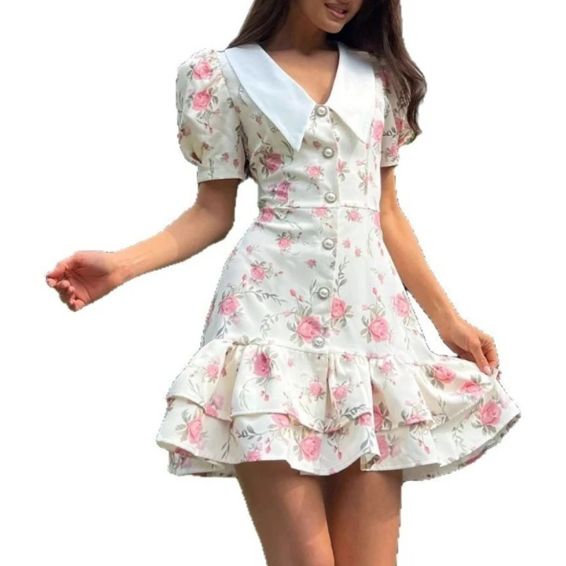 2025 Nuovo elegante manica corta con scollo a V manica a sbuffo vita stretta volant a strati mini abito floreale beachwear festa abito estivo