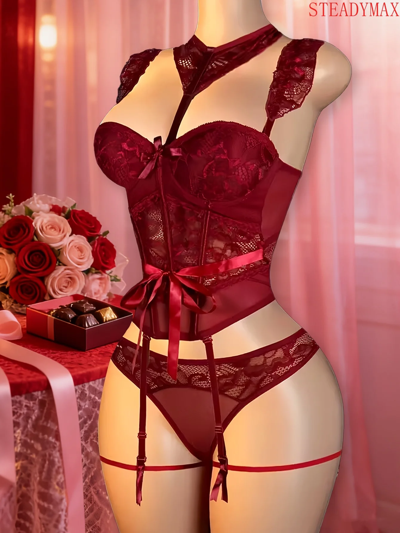 Women Lace Cutout Waist Garter Tights Lingerie Set Push Up Slim Fit Ladies Intimate Underwear Bedroom Nightwear