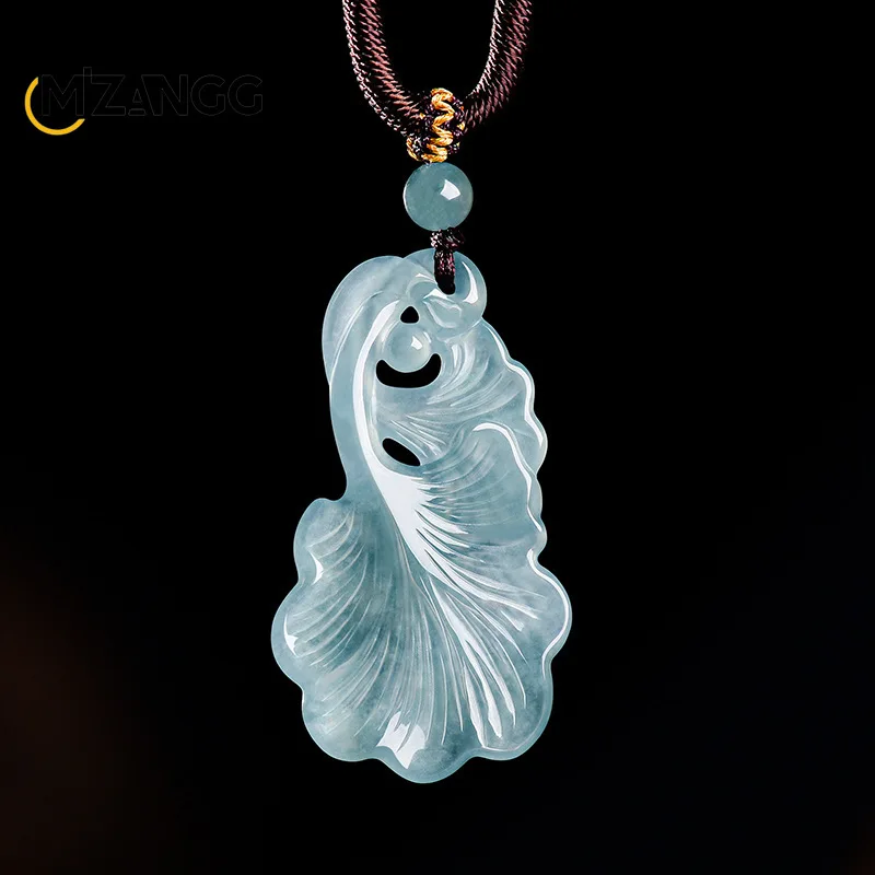 Natural Jadeite Blue Water Ginkgo Leaf Pendant Exquisitely Hand-Carved Luxurious Ice-Type Jade Necklace Unisex Holiday Gift