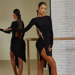 Black Irregular Long Sleeves Latin Dance Dress Women Latin Dance Performance Clothes Rumba Chacha Salsa Practice Wear SL7659