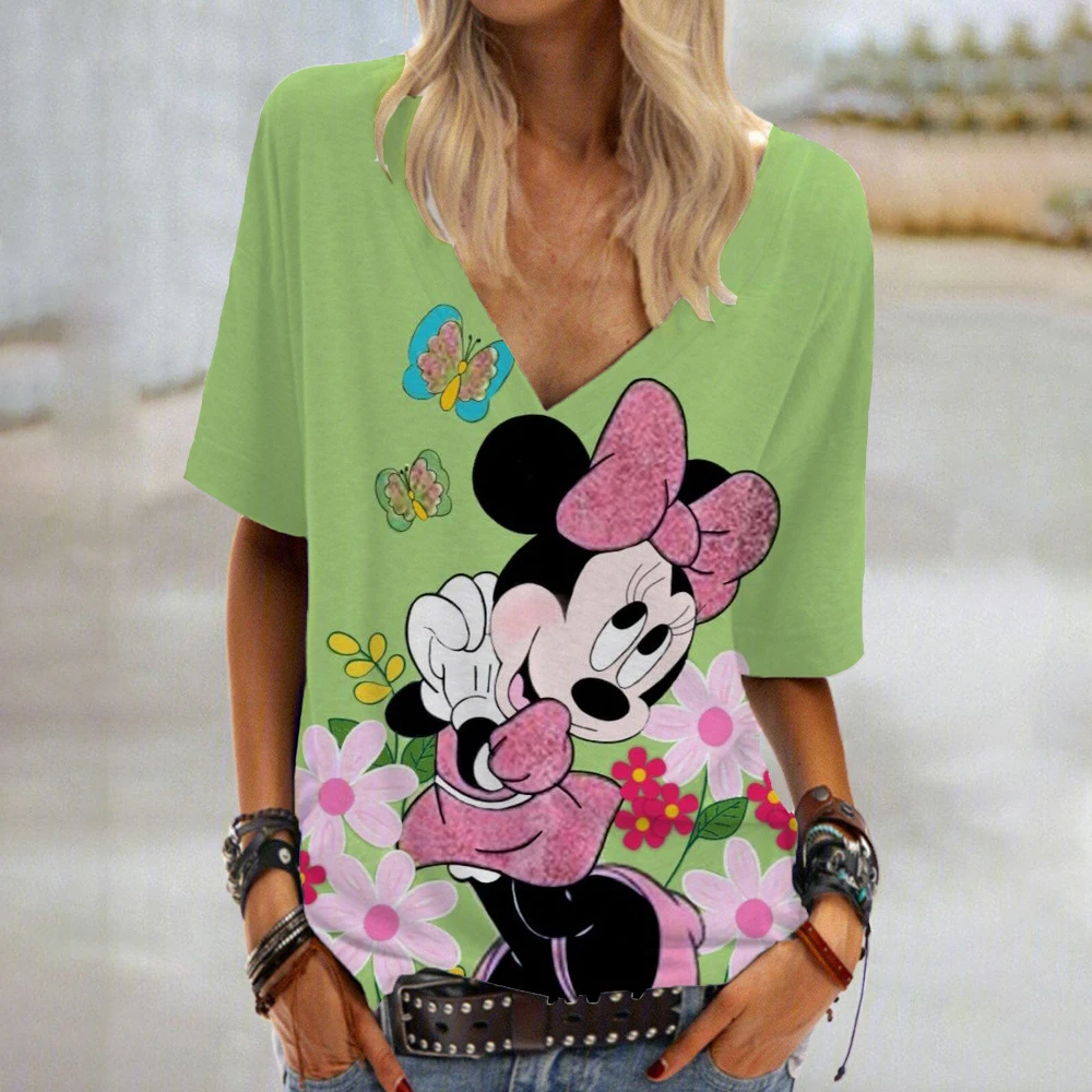 Disney Mickey Mouse Minnie print Women's T-Shirts Fashion Top Tee T-Shirt Harajuku Casual Short Sleeve V-Neck Female Clothing