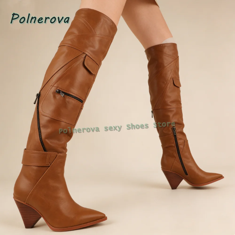 Pocket Zipper Decoration Fashion Boots Pointed Toe Spike Heels Solid Retro Lady Runway Show Over The Knee Boots 2026 New Style