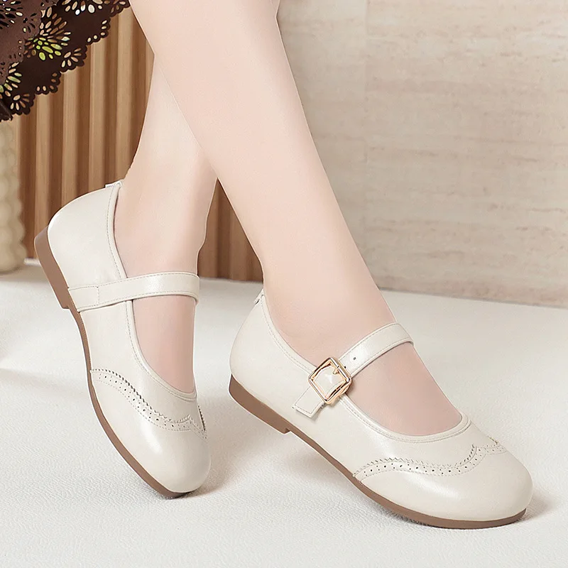 

Retro Breathable Comfortable Shallow Soft Leather Mary Janes Women Flats 2026 Spring Flat Heel Soft Leather Shoes Office Mom