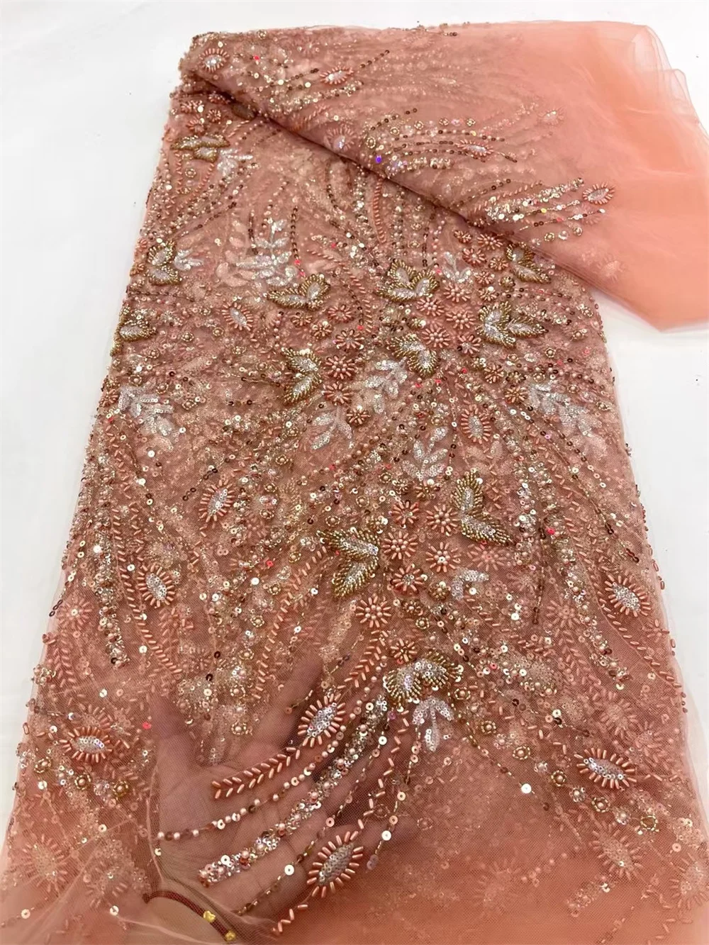 Peach African Heavy Beaded Lace Fabric 2025 High Quality Nigerian Luxury Sequin Lace French Tulle Fabric for Party Dress Q123-1