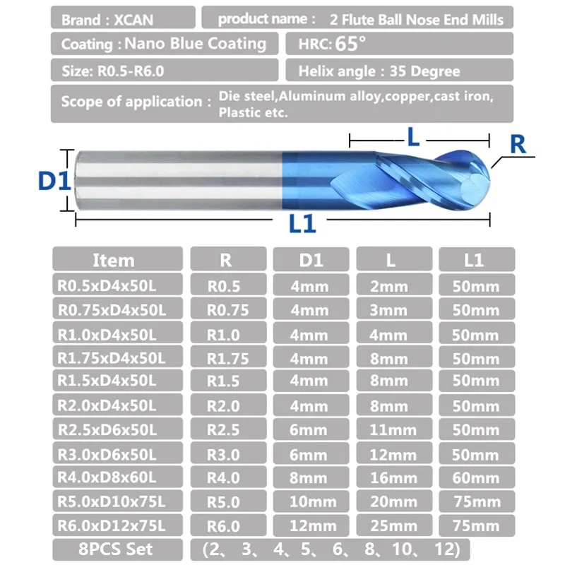 XCAN Milling Bit 2 Flute Ball Nose End Mill R0.5-6.0 Tungsten Carbide CNC Router Bit End Milling Cutter CNC Machine Milling Tool