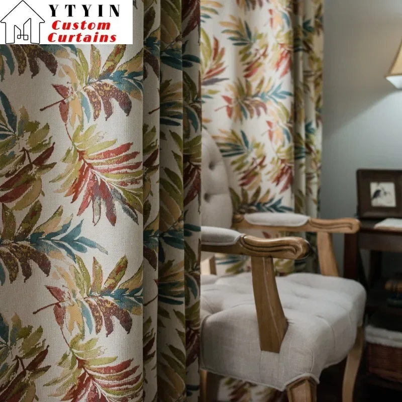 Custom  Size！！ European style Rural Cotton and Linen Texture Pastoral Jacquard Blackout Curtains for Living Dining Room Bedroom