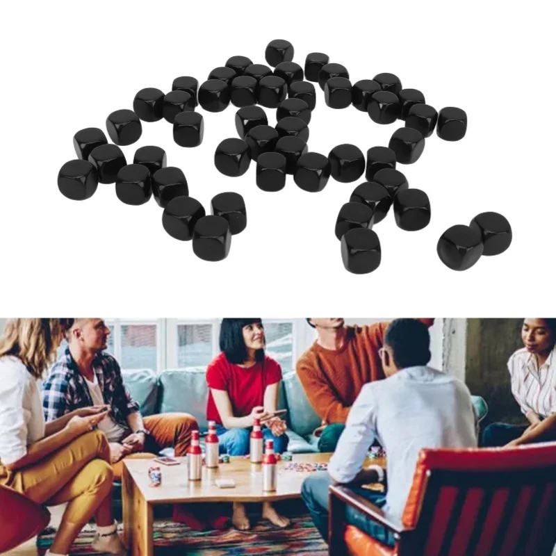 

50 шт. пустых шестигранных игральных кубиков с закругленными углами, пластиковые, 0,6 дюйма, для настольных игр, DIY, наклеек, обучения математике, вечеринок, черные