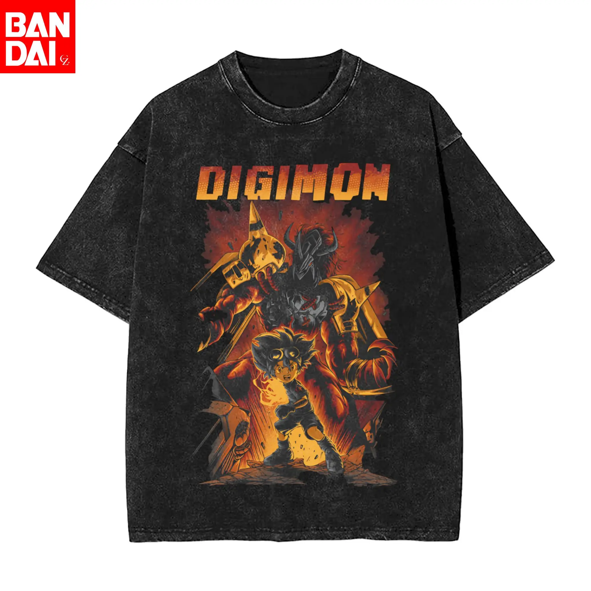 

2026 Harajuku Streetwear Digimon World Vintage Washed T-Shirt Men Retro Anime Graphic Tees 90s Cartoon Short Sleeve T Shirts