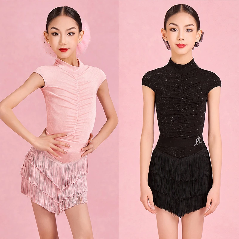 

Summer Latin Dance Clothes Girls ChaCha Rumba Dance Performance Fringed Dress Pink Black Kids Latin Dance Practice Wear DNV27223