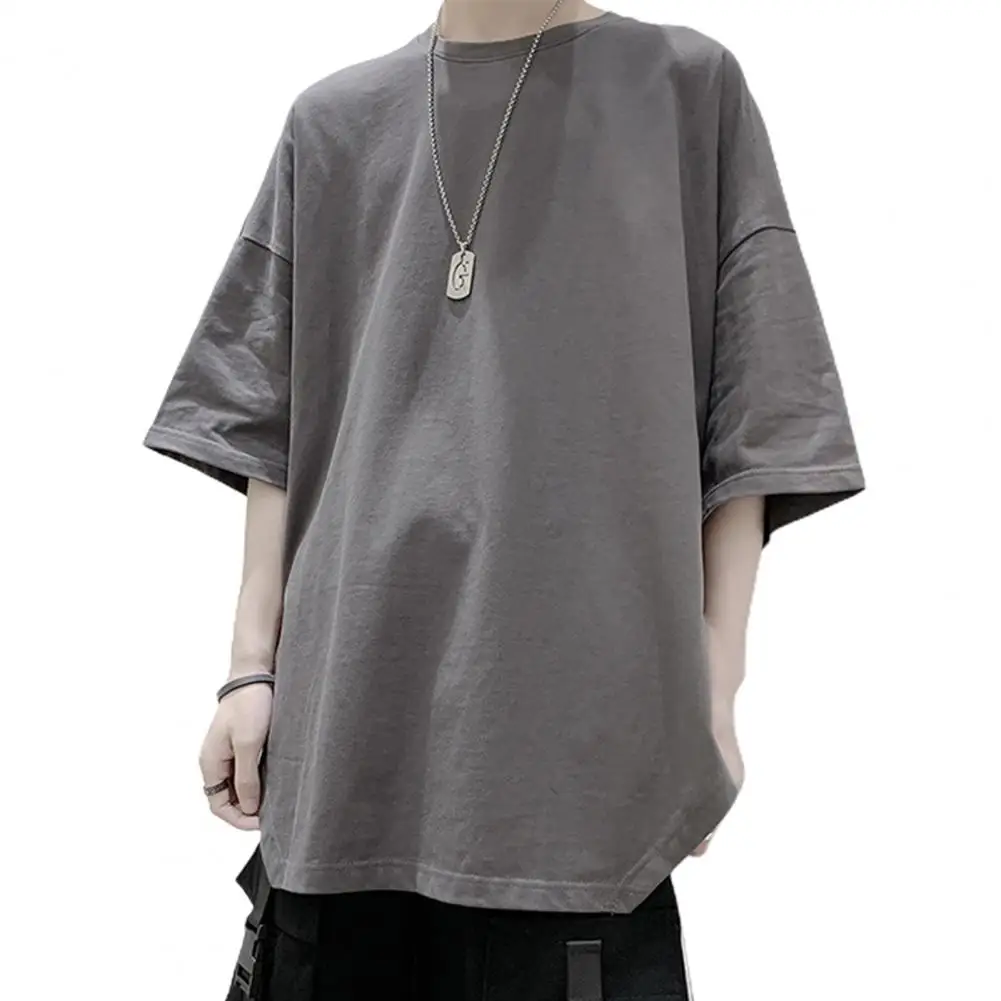 Summer Oversized T-shirt Solid Round Neck Loose Side Split T Shirt for Men Harajuku Half Sleeve Tee Simple Daily Tees