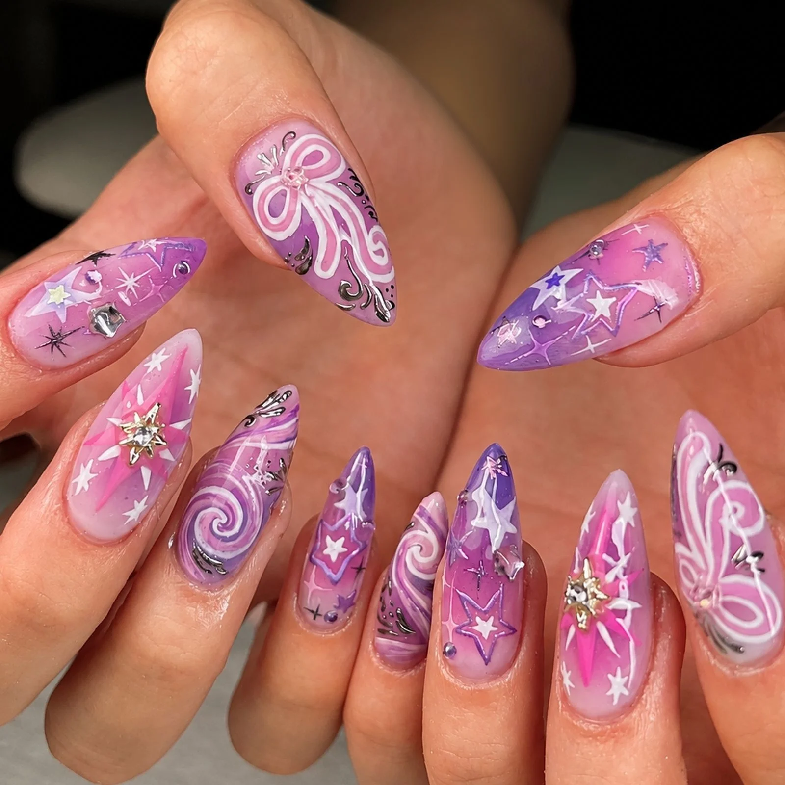 24pcs Y2k Gradient Purple Almond False Nails Sweet Bowknots Five-pointed Stars Designs Press On Nails Ins French Style Fake Nail