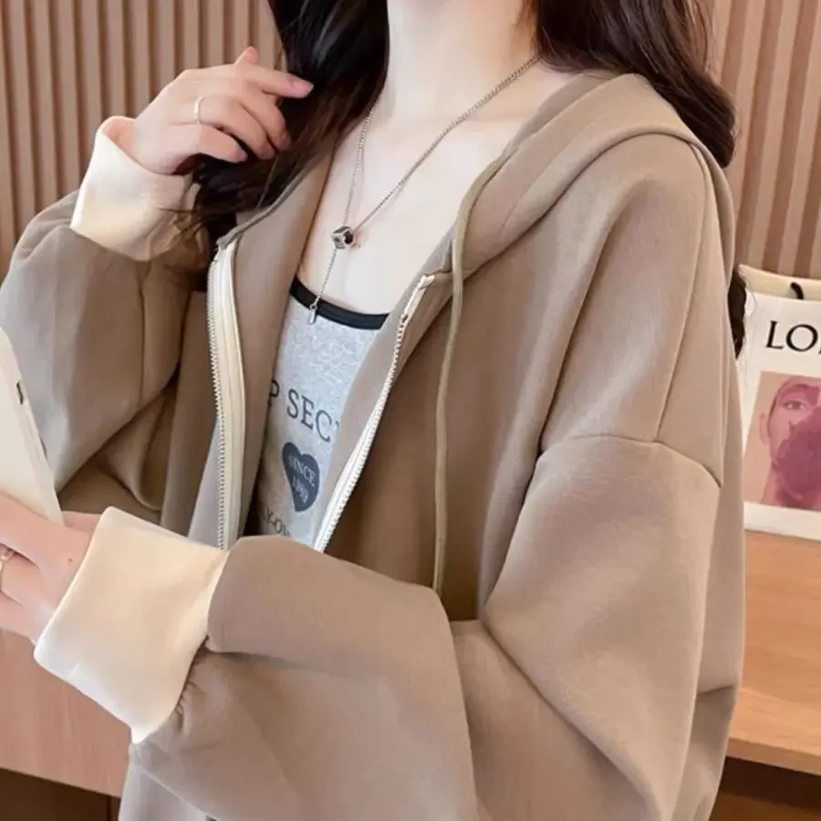 European Style New Solid Color Hooded Retro Color Blocking Hoodie Women Ins Spring and Autumn Zippered Casual Short Jacket Top