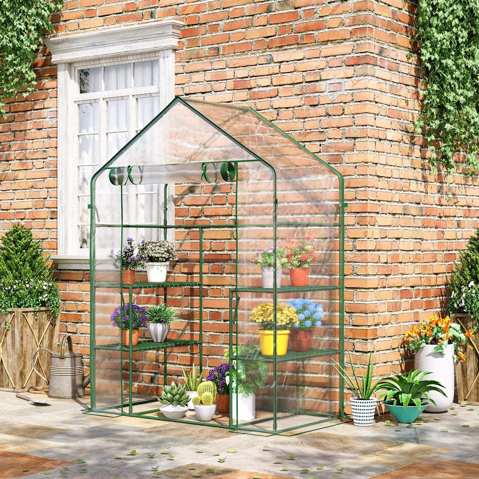 Mini Walk-in Greenhouse 5x2.5x6.5ft, 3-Tier Shelves, Roll-Up Door, Weatherproof Cover, Portable for Backyard Garden, Clear