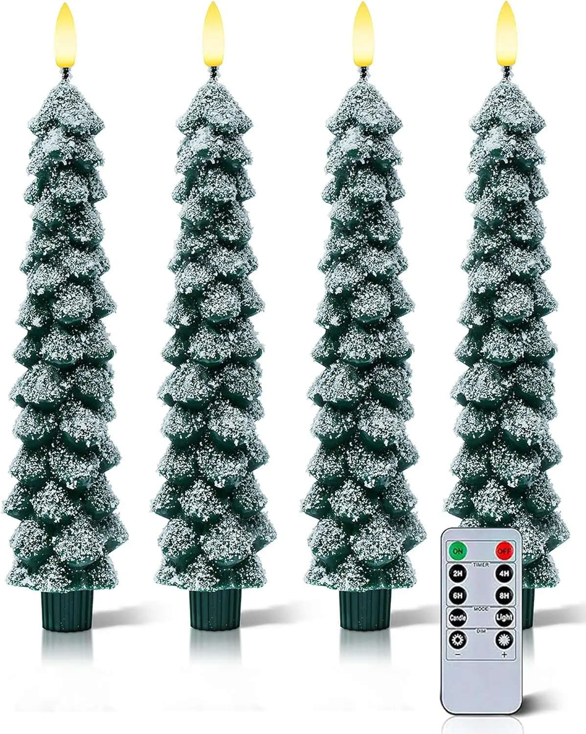 

4 PCS Flameless Christmas Tree Candles with Remote, Snow Covered Real Wax Flameless Taper Candles 9.65 Inch