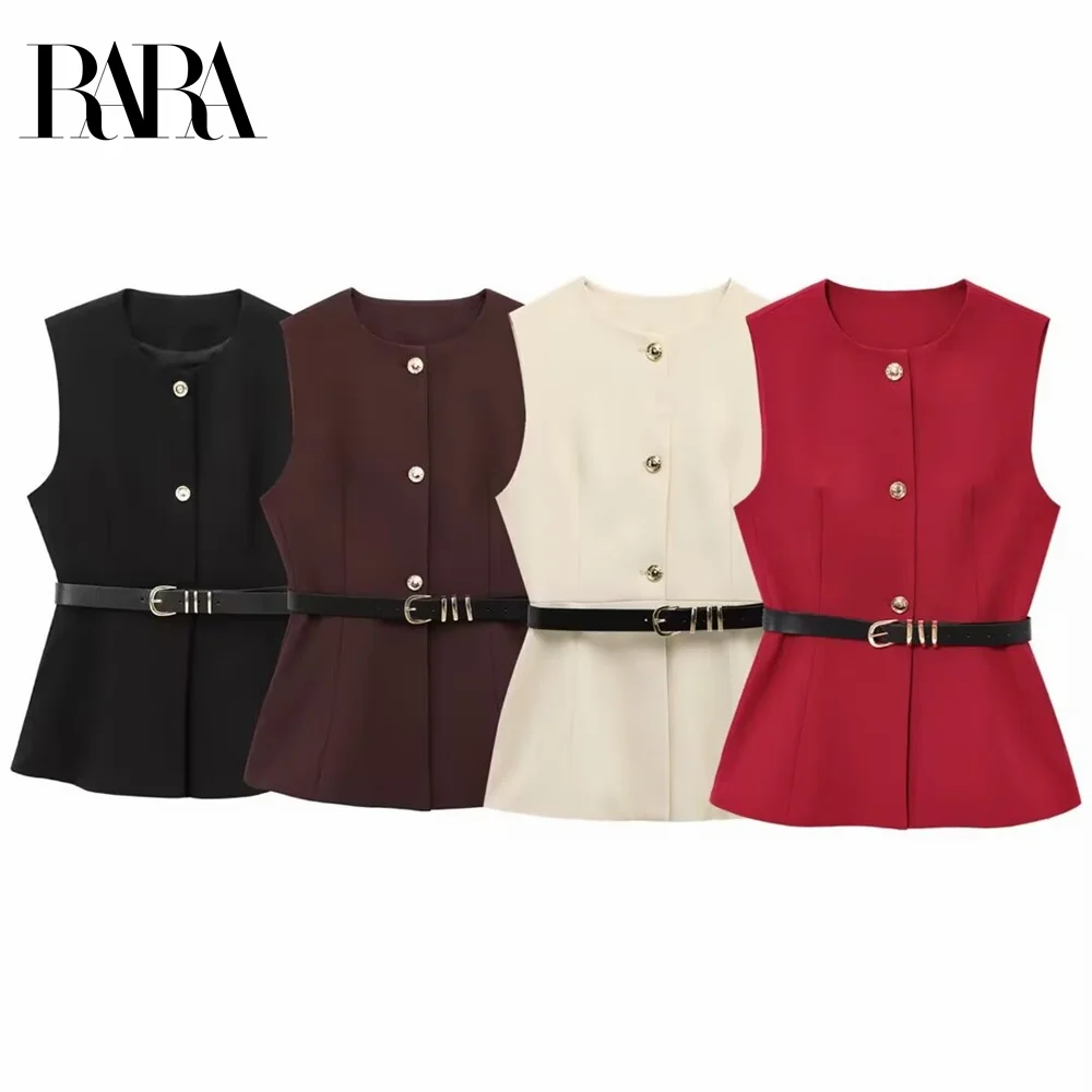 

2025 RARA Summer New Women's Fashion Casual Elegant Solid Color Belt Simple Sleeveless Round Neck Tank Top Vest