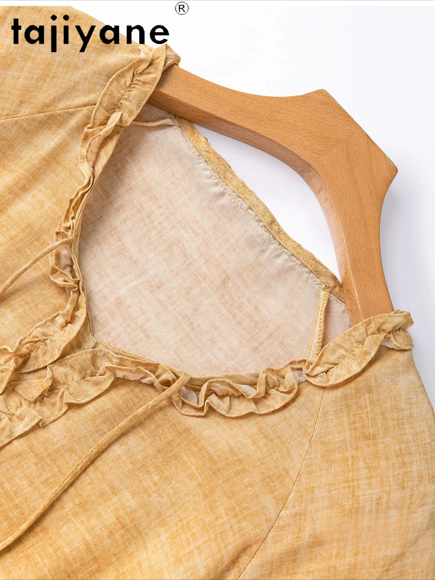 TAJIYANE 100% Mulberry Silk Women T Shirts Yellow Ruffled Collar T Shirt Casual Short Sleeve Summer Tops for Woman Clothing 2026