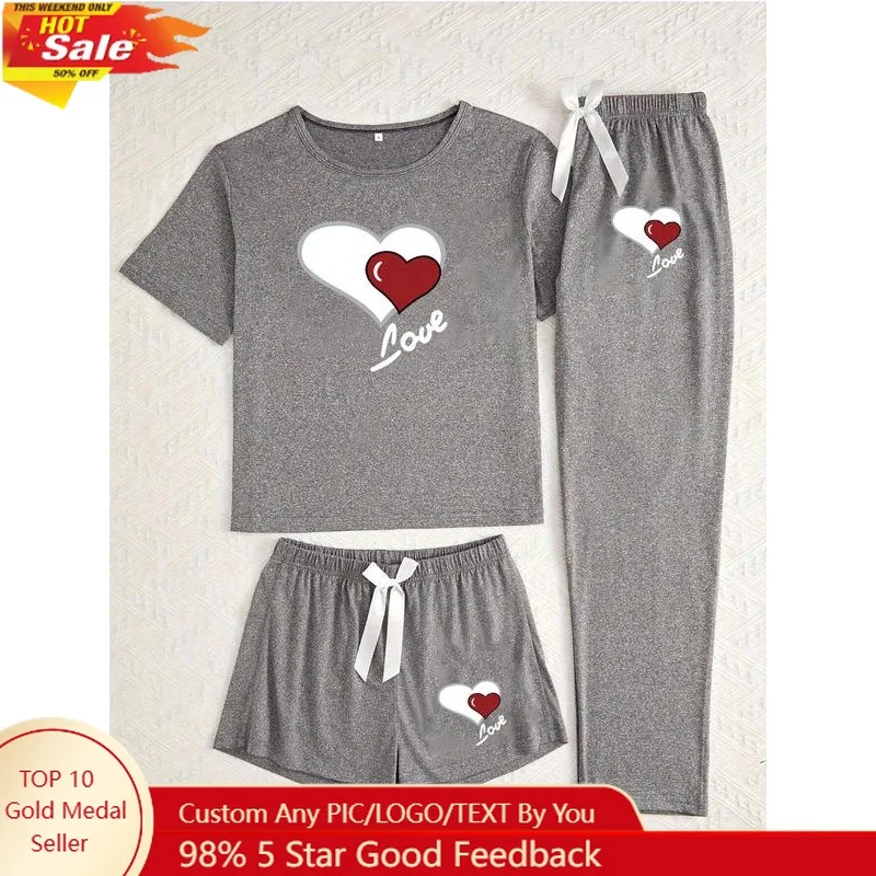 

Women's Heart Print Pajama Set, Casual Fitted Sleepwear, All-Season Comfortable Nightwear, Three-Piece for Women, Loungewear