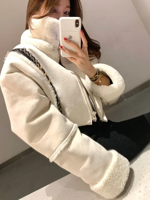 

Sli Stand Collar Patchwork Lamb Fur Biker Jaet Women's ort Korean Version Faionable Coat Polyester Fiber 00%