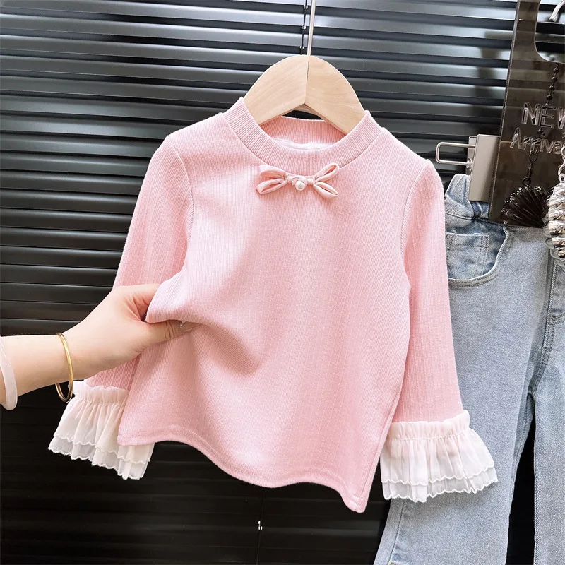 Girls' New Chinese Bow Plate Button Base Shirt Spring and Autumn2024New Mesh Lace Sleeve Top