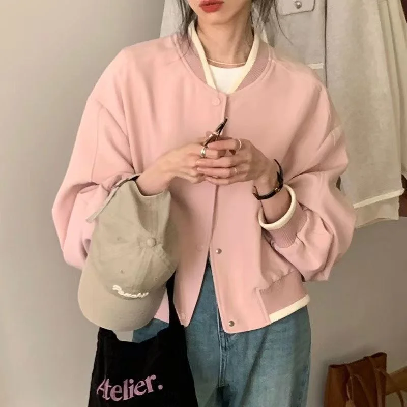 Houzhou verkürzte Bomber jacke Frauen koreanische Mode übergroße Streetwear Knopf Jacken Vintage y2k kurze Outwear lässige Ästhetik