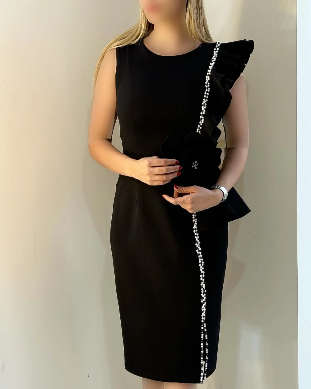 

Customized Elegant Fashion Jersey Handmade Flower Beading Straight Evening Dresses Classic O-Neck Sleeveless Knee Length Dresses