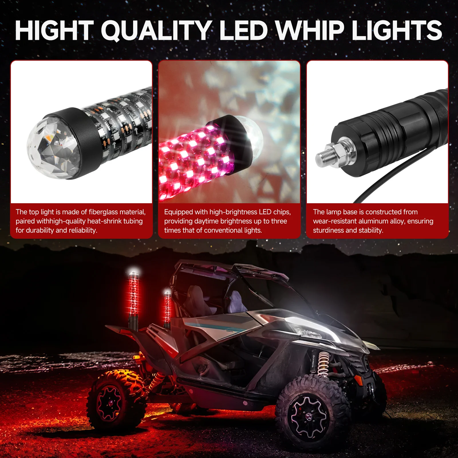 2PCS 1FT Fat Whip Lights Spiral LED Whip Light with Strobe Light RGB Chasing Dancing Lighted Antenna Whips APP Remote Control