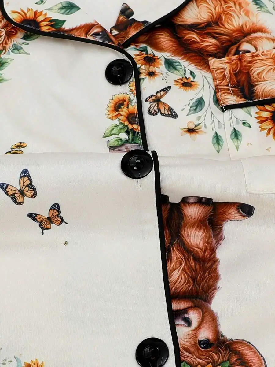 

Women Short Sleeve Pajama Set With Shorts And Long Pants Collared Button Down Shirt Sunflower Butterfly Dog Print Comfortable