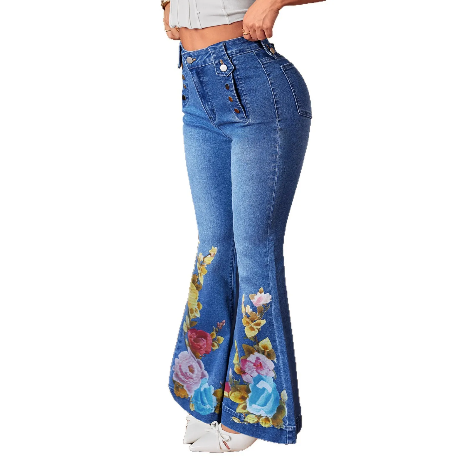 Autumn Heavy Industry Printed Women's Jeans Hot Drilled High Waist Stretch Denim Pants Women Micro Jeans Ladies Flared Trousers