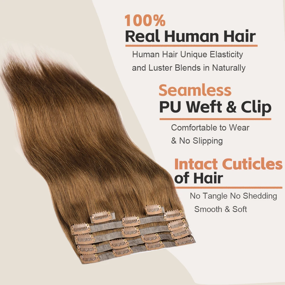 Clip recto sin costuras en extensiones de cabello humano 100% Real, 6 uds., 120g, Clip brasileño Invisible sin costuras para mujer