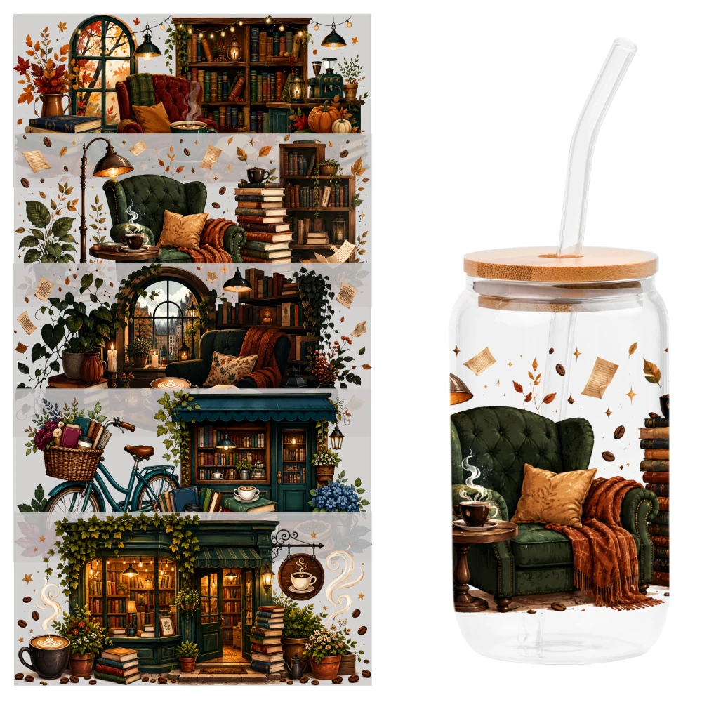 5 Sheets Cozy Autumn Library UV DTF Stickers Plastic Self-Adhesive Labels Glass DTF Transfer Stickers Waterproof Rub on