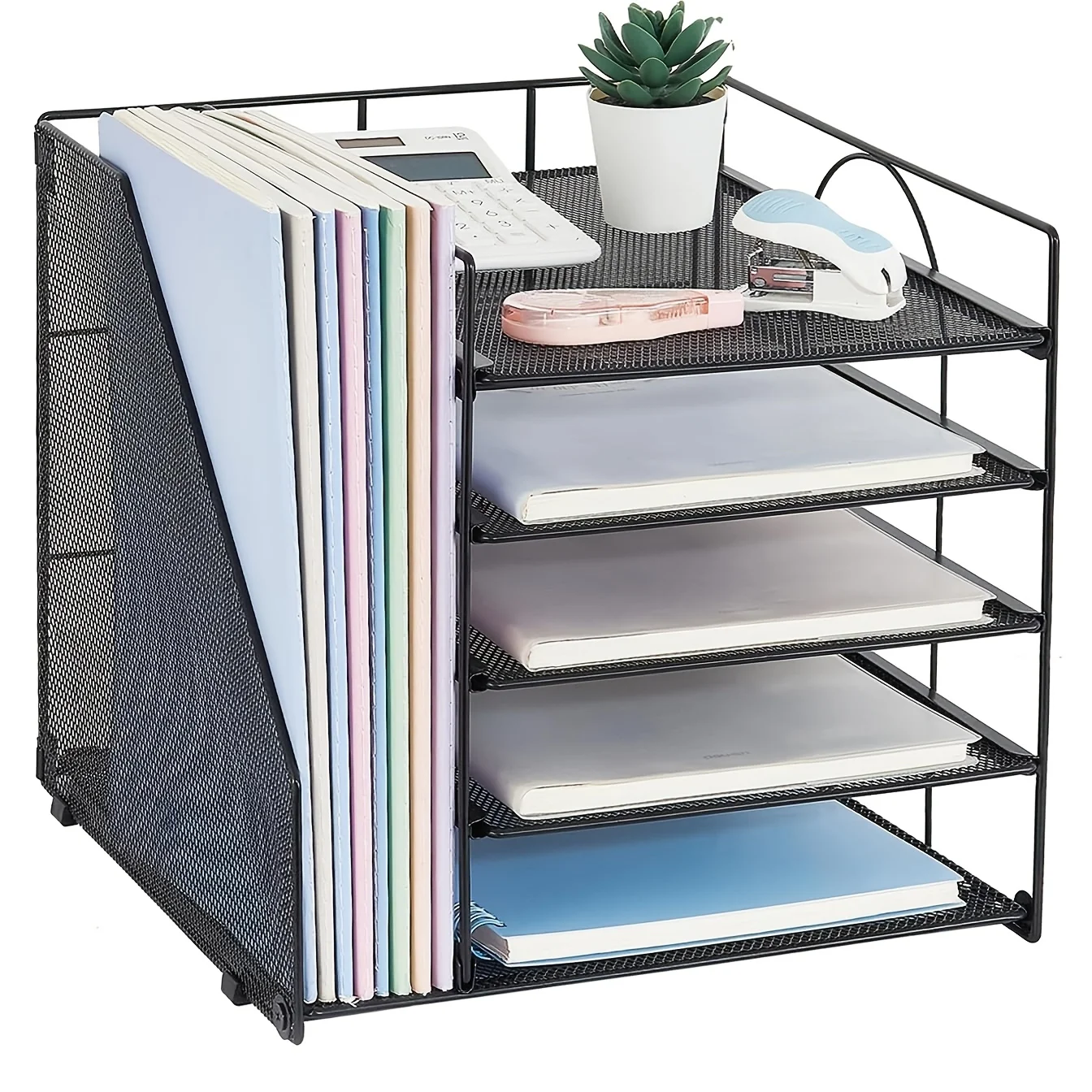 Organisateur de lettres en métal à 5 niveaux avec porte-documents et paniers en maille - pour les fournitures de bureau, l'organisation de la maison et du bureau
