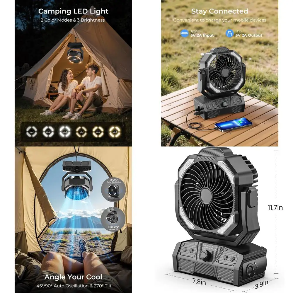 

Compact 8 Rechargeable Camping Fan with 27H Battery Life, Remote, Oscillation, Timer, and Hook for Outdoor and Emergency Use