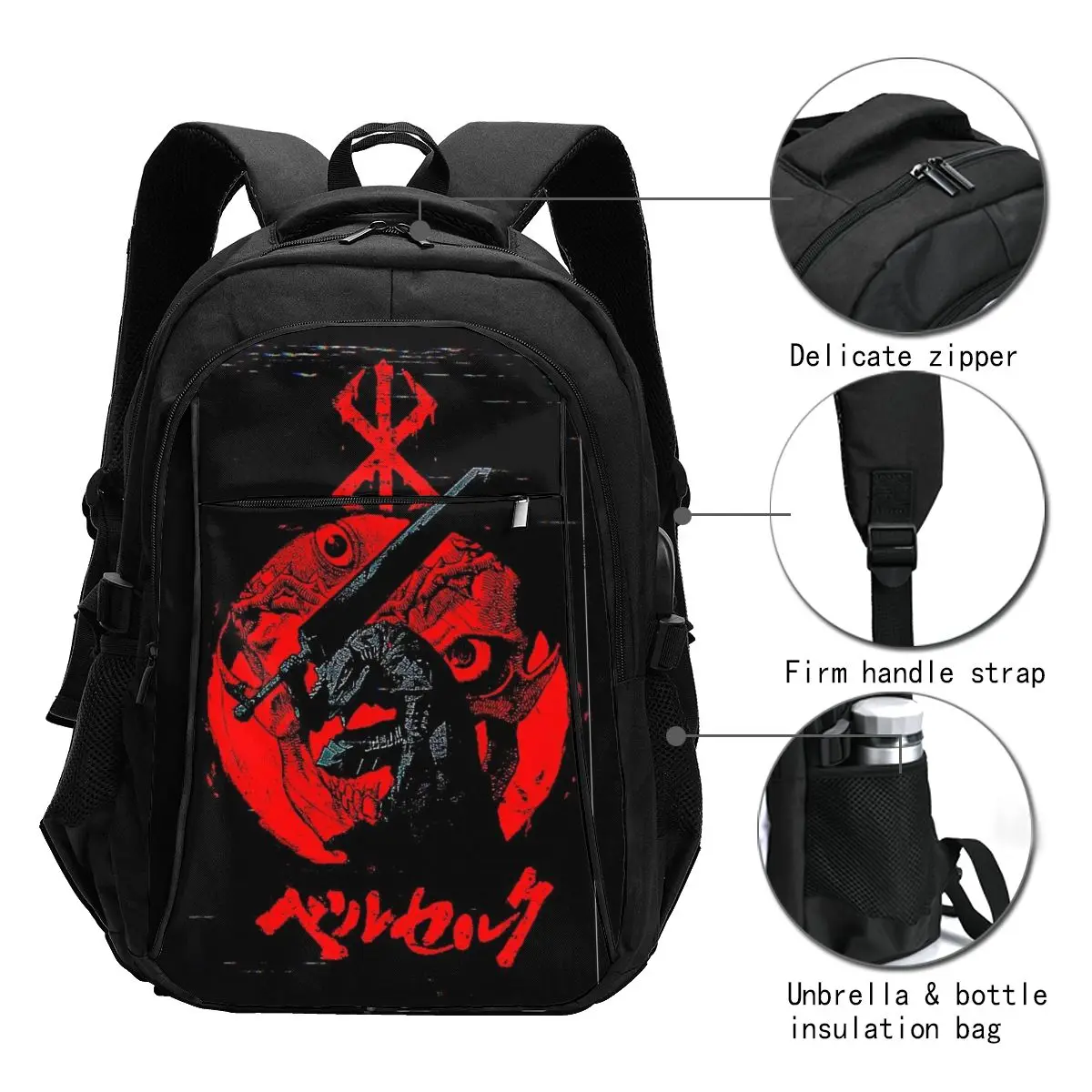 Mochila de viaje para ordenador portátil, morral resistente al agua con puerto de carga USB, bolsa universitaria para hombre y mujer, Anime Berserk