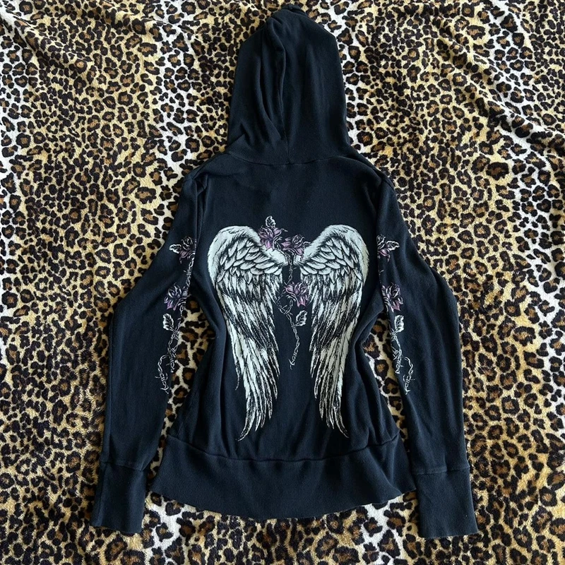 Y2k Grunge Zip Up Sweatshirt Flower Wings Print Slim Fit Hoodies E-girl Gothic Cool Street Outwear 00s Aesthetic Vintage Jacket